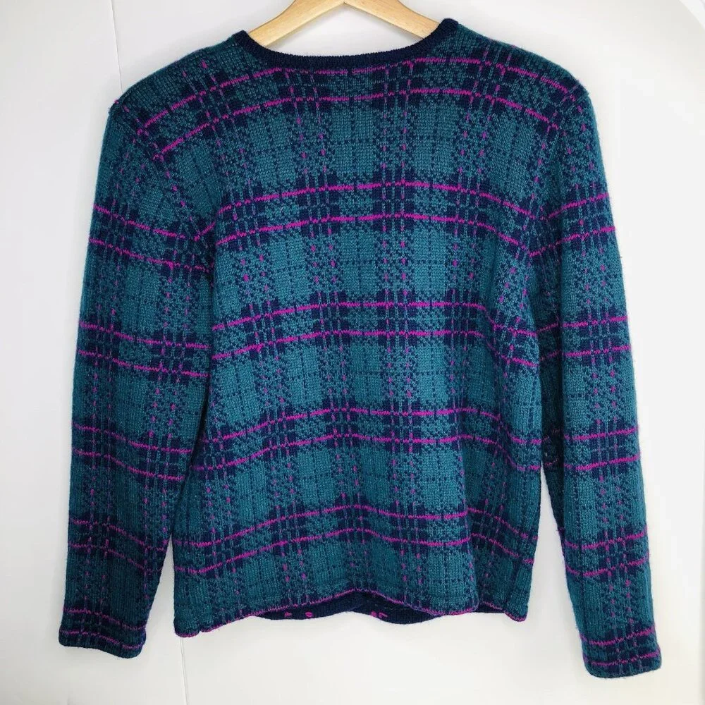 Vtg 90s SUSAN BRISTOL Dark Green Wool Button Up Plaid Cardigan Sweater S Women - Picture 3 of 5